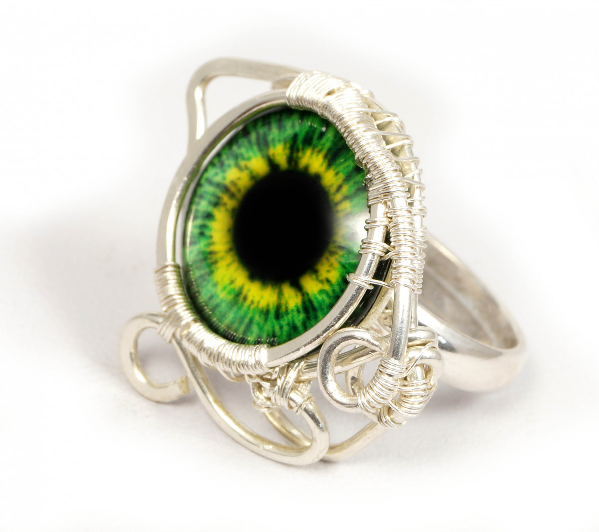 Zielone oko, srebrny pierścionek ręcznie wykonany, prezent dla niej, prezent dla mamy, prezent urodzinowy, niepowtarzalna biżuteria autorska, żółty